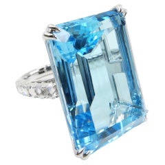 62 Cts Step Cut Blue Topaz & Rose Cut Diamond Cocktail Ring, Substantial