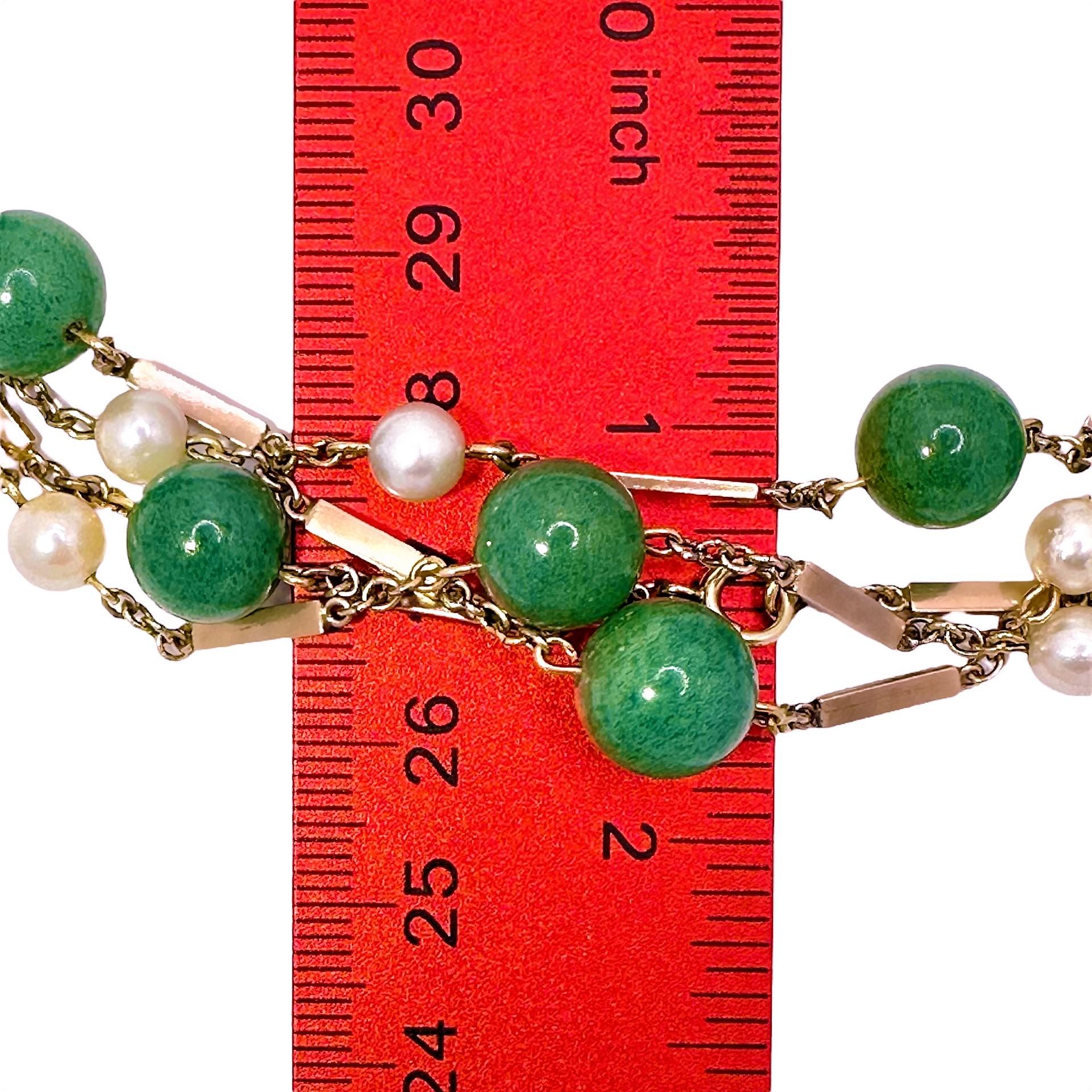 14k Yellow Gold, Aventurine Bead and Cultured Pearl Chain In Good Condition For Sale In Palm Beach, FL