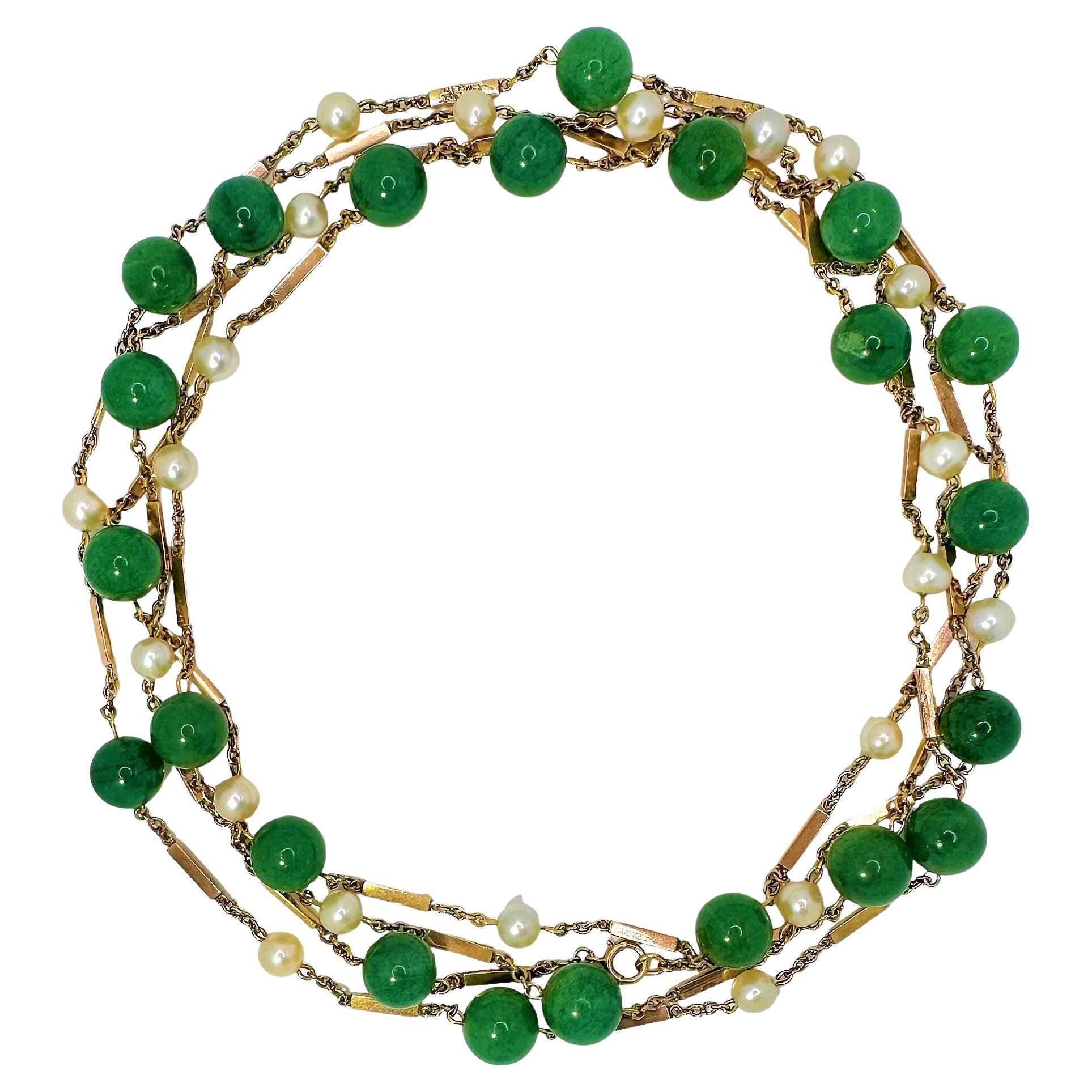 14k Yellow Gold, Aventurine Bead and Cultured Pearl Chain For Sale