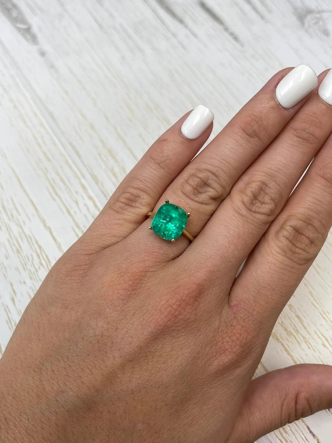 6.20 Carat Bright Green Colombian Emerald - Muzo Cushion Cut May Birthstone For Sale 2