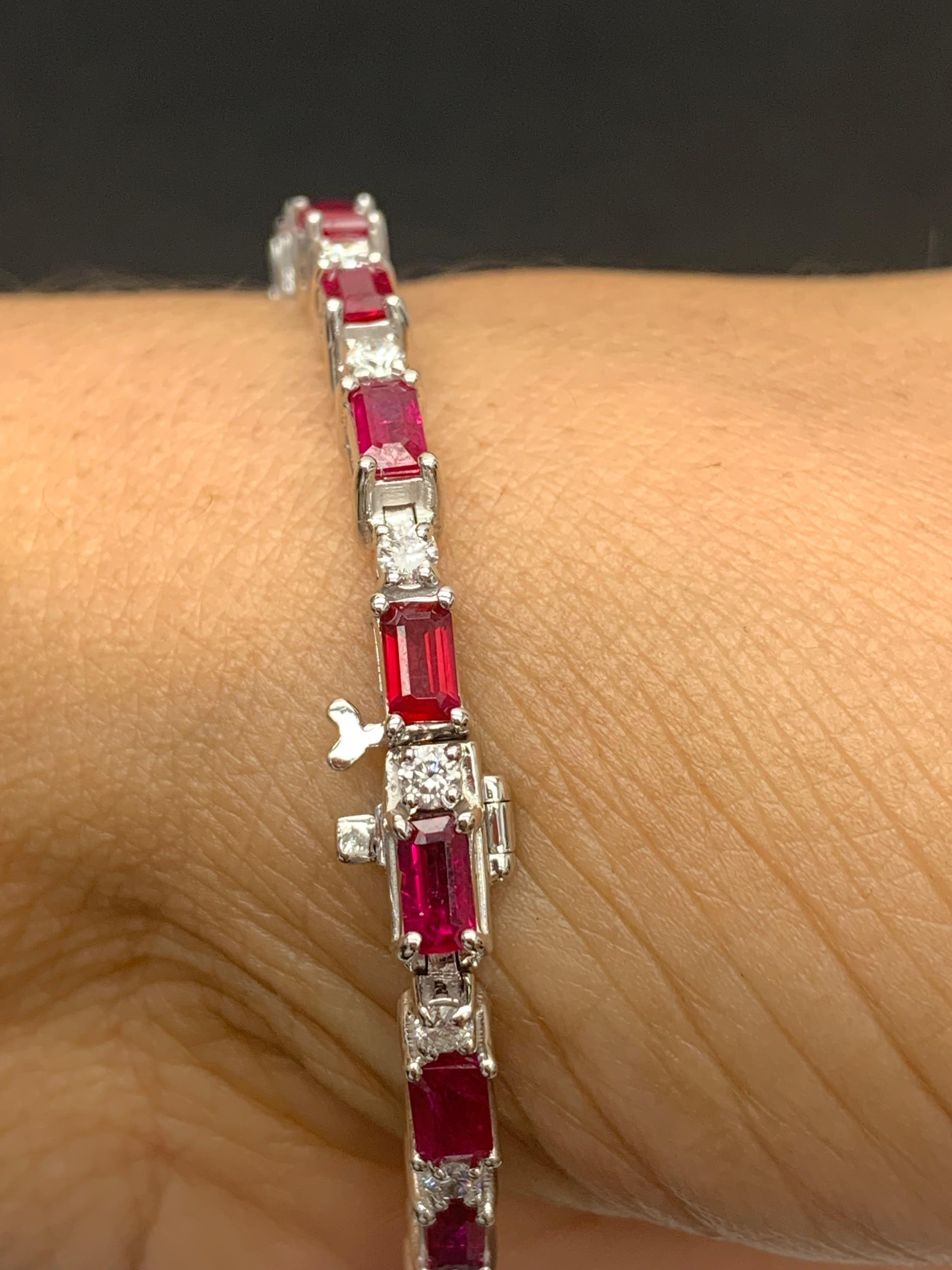 Modern 6.20 Carat Emerald Cut Ruby and Diamond Bracelet in 14K White Gold For Sale