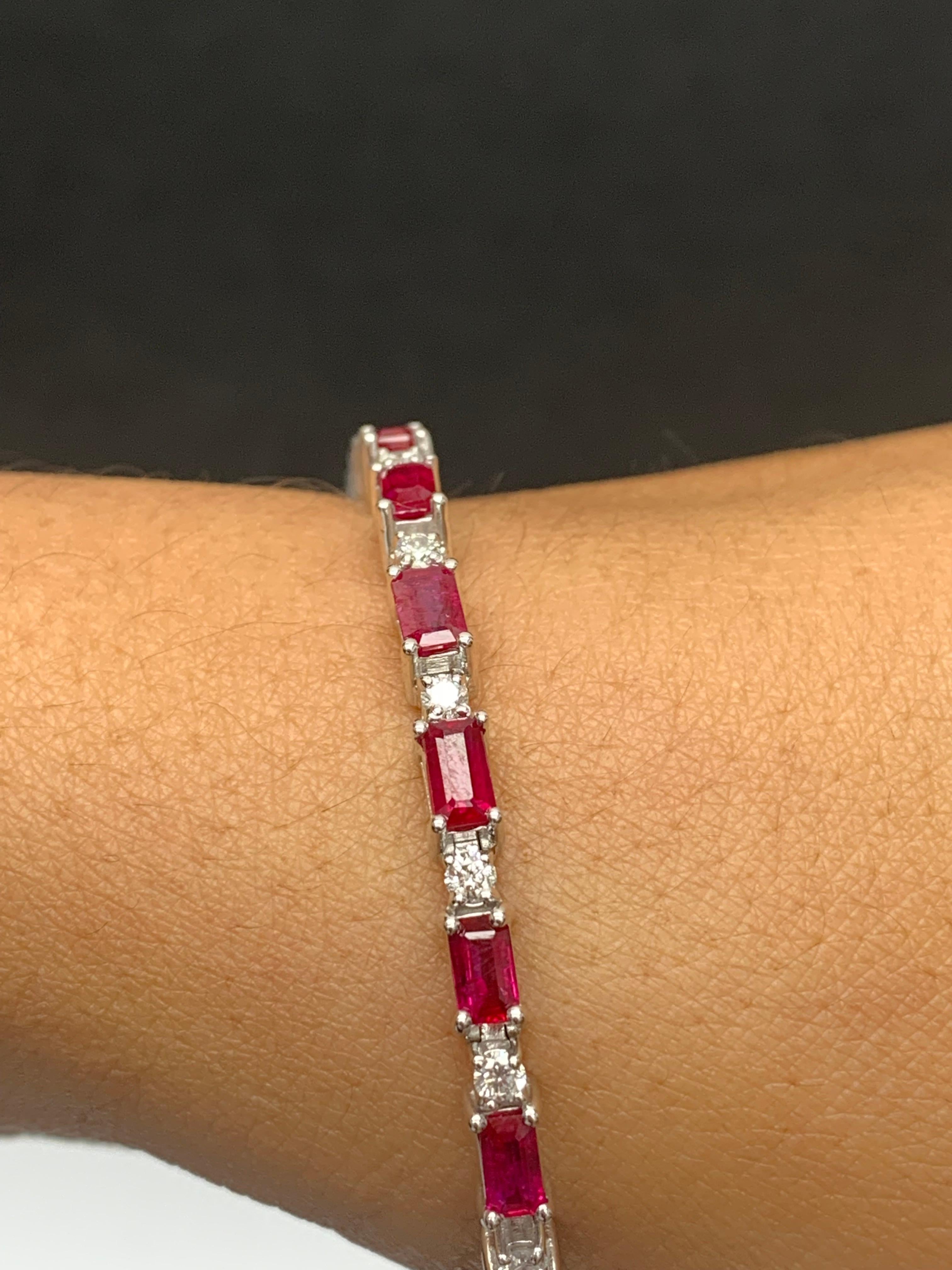 6.20 Carat Emerald Cut Ruby and Diamond Bracelet in 14K White Gold In New Condition For Sale In NEW YORK, NY