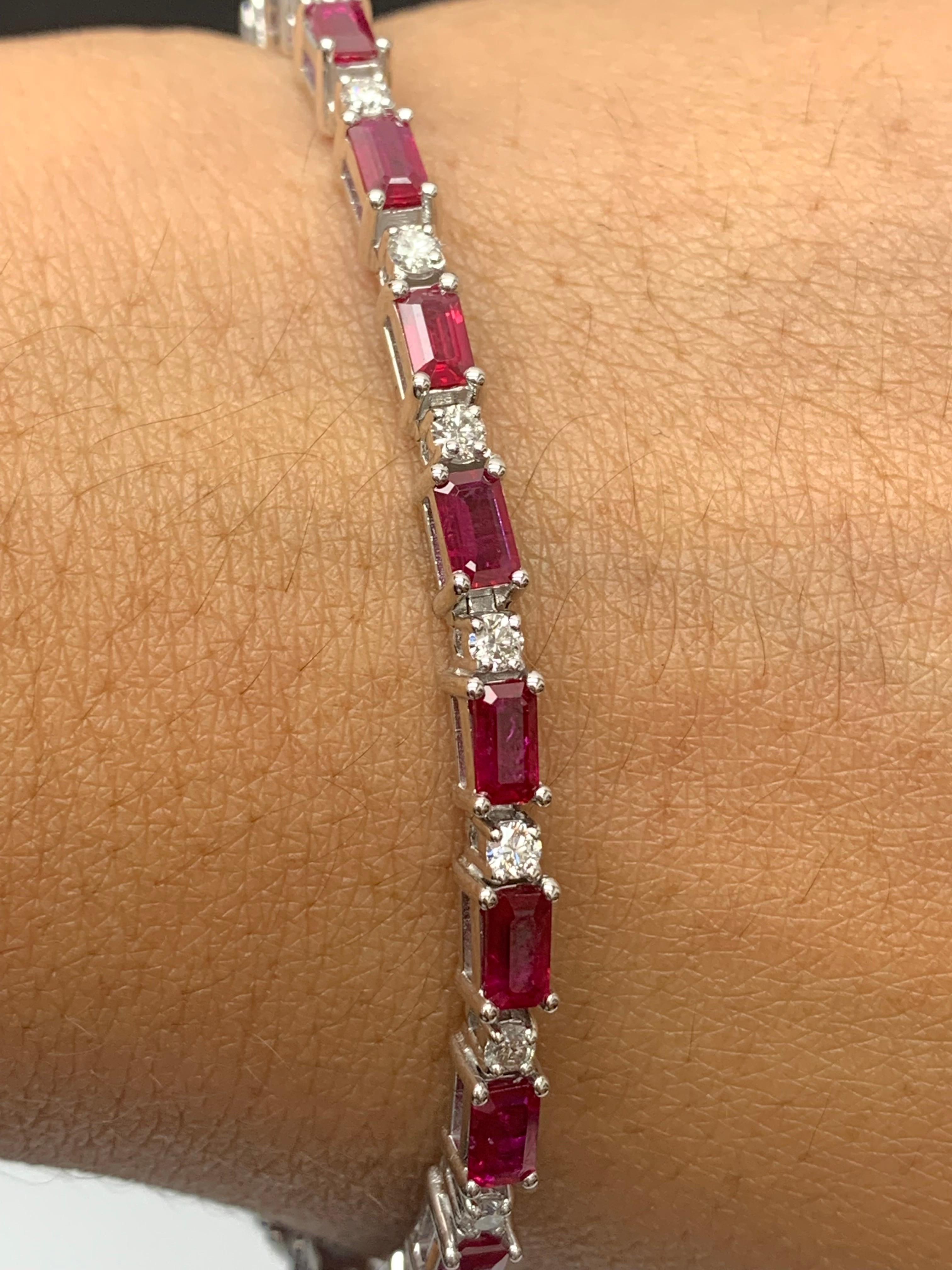 6.20 Carat Emerald Cut Ruby and Diamond Bracelet in 14K White Gold For Sale 1