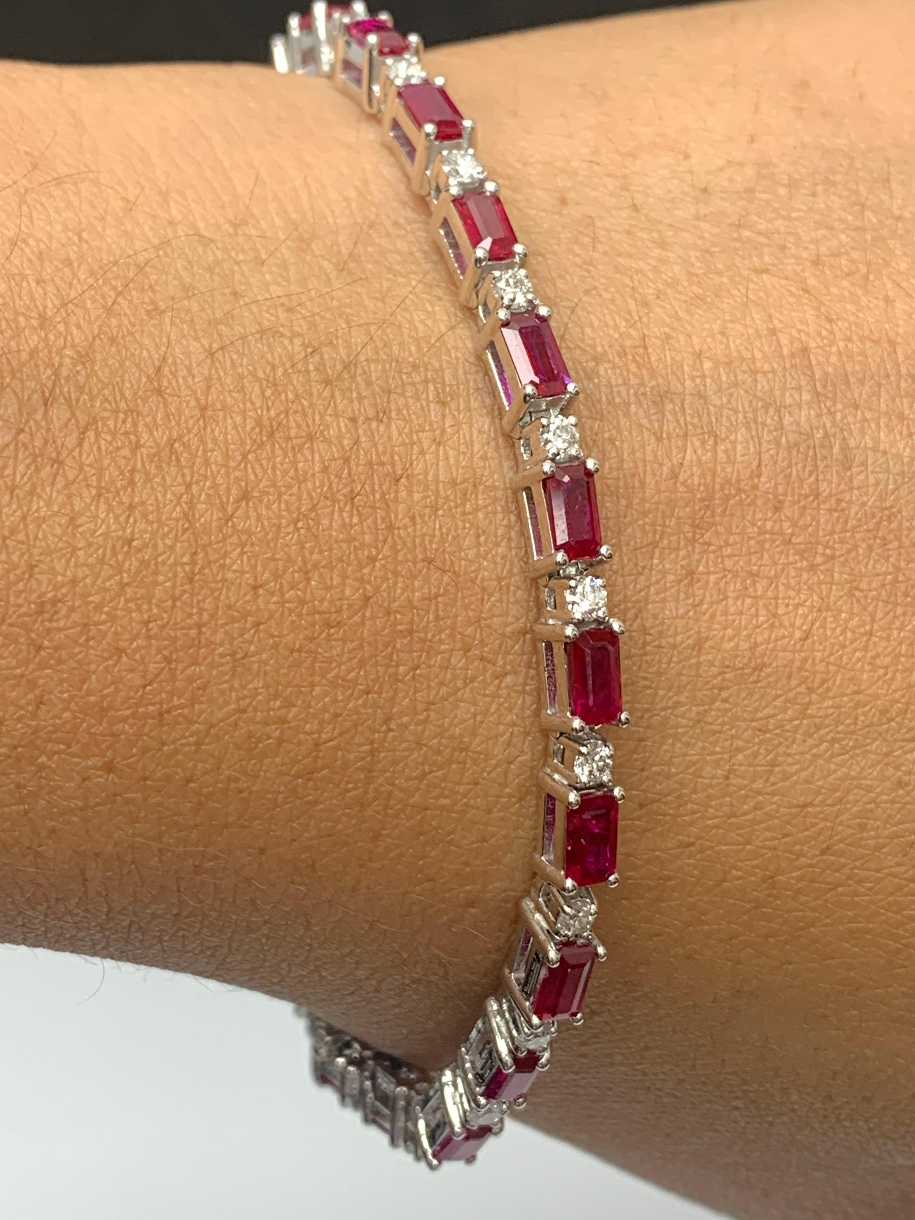 6.20 Carat Emerald Cut Ruby and Diamond Bracelet in 14K White Gold For Sale 2