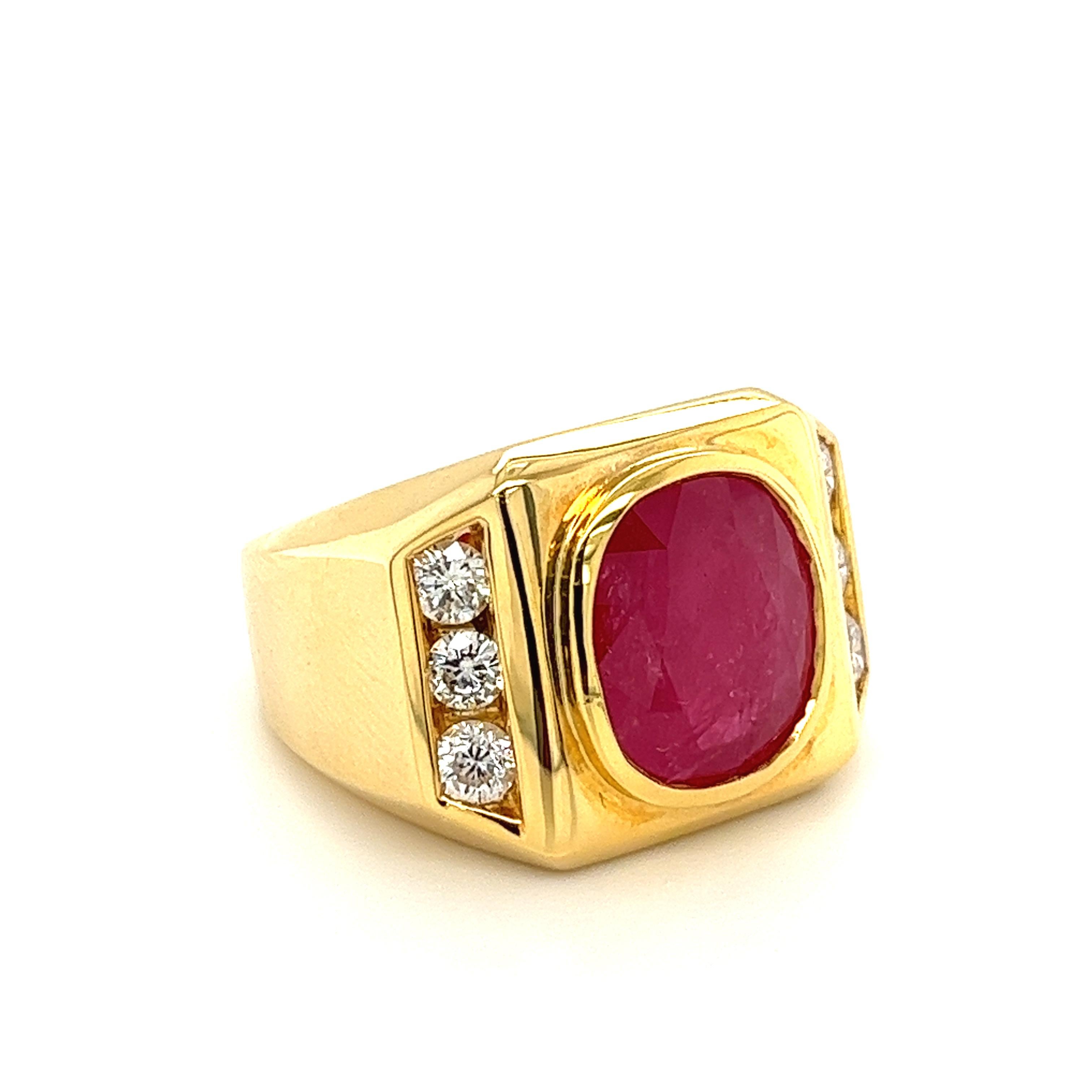 Vintage 14k solid gold Ruby gypsy style men's ring. GRS Certified Ruby with H(b) grade treatment. All high-quality color and clarity diamonds mounted in thick 14k gold setting. Bezel set Ruby and Diamonds in a strong 14k gold ring make for a ring