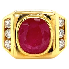 Antique 6.20 Carat GRS Certified Oval Cut Ruby Mens Ring in 14k Yellow Gold