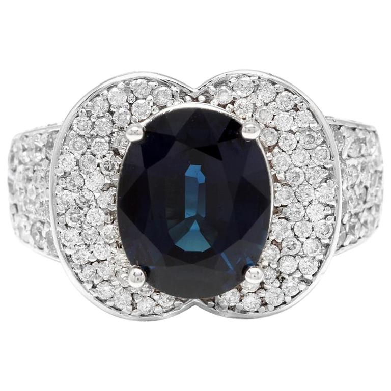 6.20 Carat Natural Blue Sapphire and Diamond 14 Karat Solid White Gold Ring For Sale