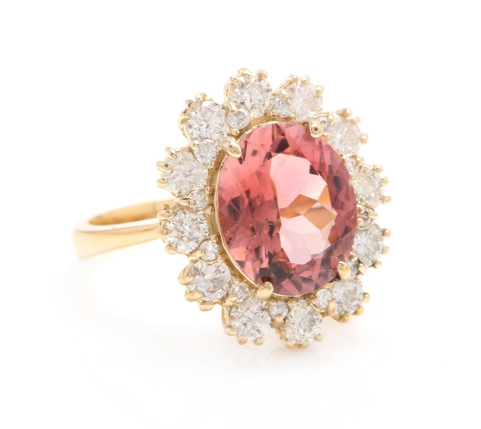 6.20 Carats Natural Very Nice Looking Tourmaline and Diamond 14K Solid Yellow Gold Ring

Total Natural Oval Cut Tourmaline Weight is: Approx. 5.00 Carats (Treatment-Heat)

Tourmaline Measures: Approx. 11.00 x 9.00mm

Natural Round Diamonds Weight: