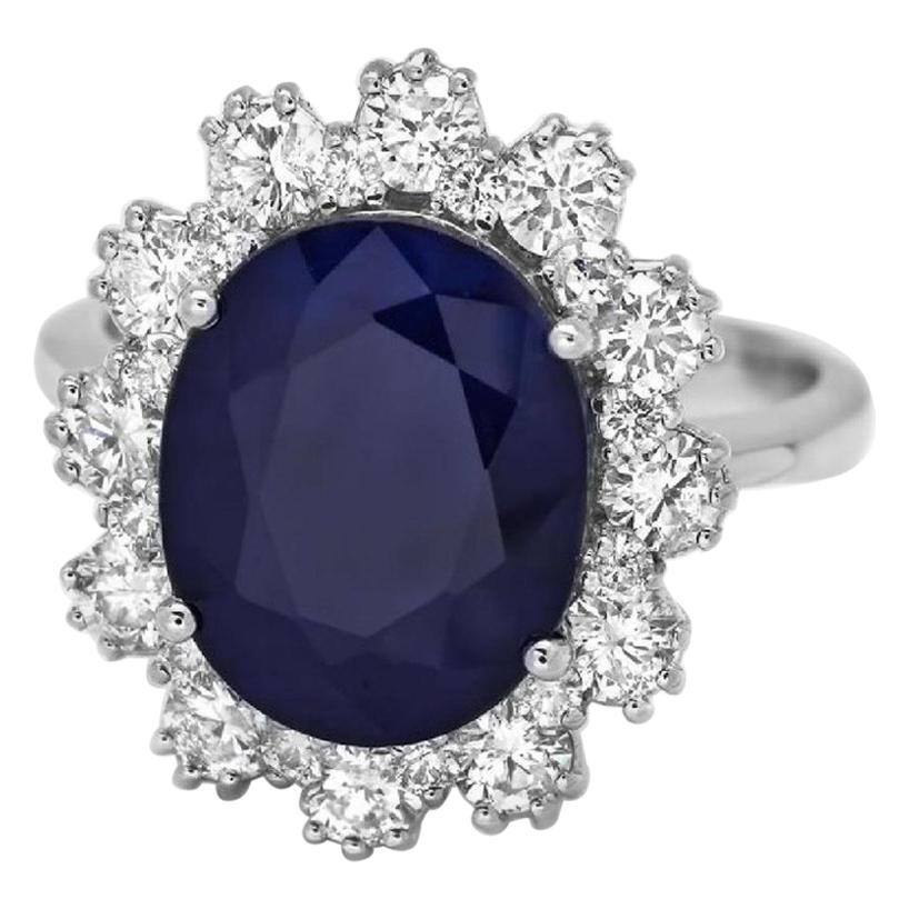 Zafiro natural de 6,20 quilates y diamante Anillo de oro blanco macizo de 14 quilates en venta