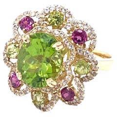 6.20 Carat Peridot Garnet White Sapphire Yellow Gold Cocktail Ring