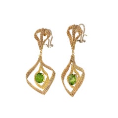 6.20 Carat Peridot Hand Woven Italian Gold Dangle Clip Post Chandelier Earrings