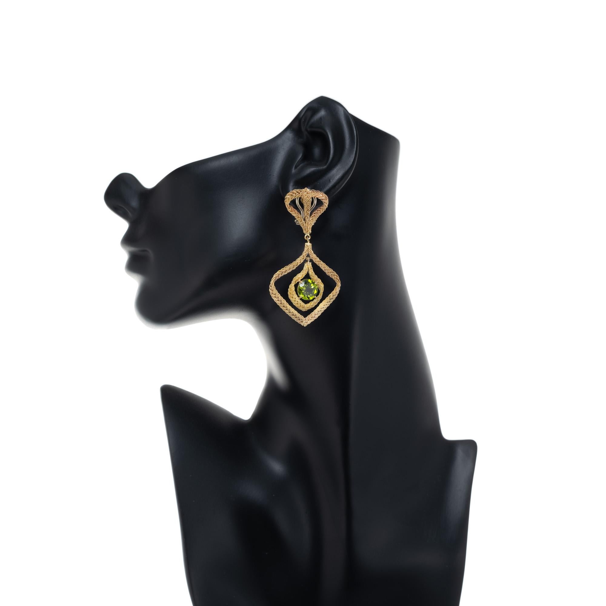 Round Cut 6.20 Carat Peridot Hand Woven Italian Gold Dangle Clip Post Chandelier Earrings For Sale