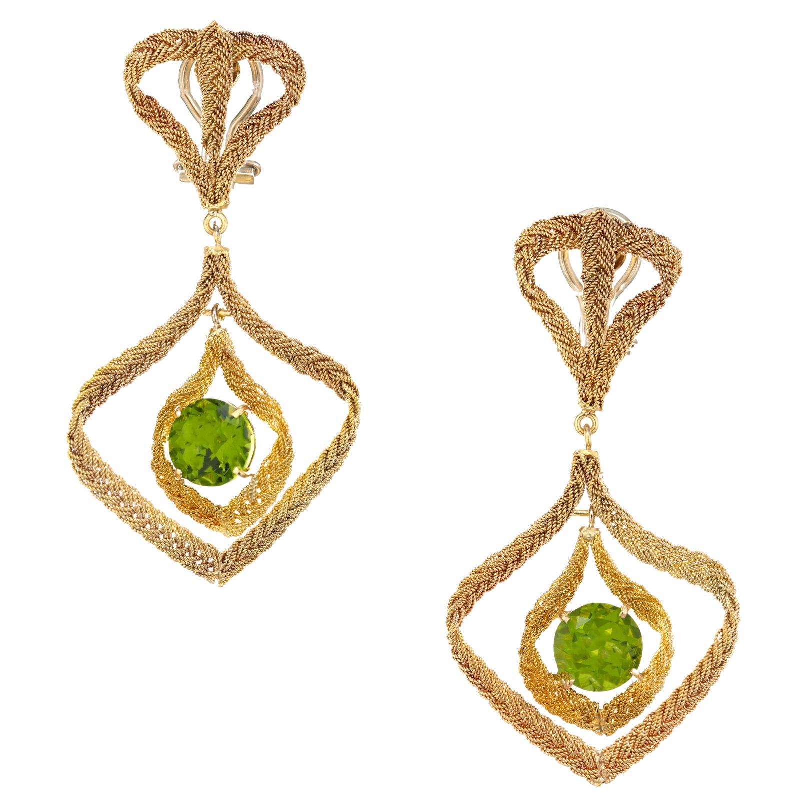 6.20 Carat Peridot Hand Woven Italian Gold Dangle Clip Post Chandelier Earrings For Sale