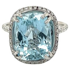 6.20 Carat Rectangular Cushion Aquamarine and Diamond Vintage Platinum Ring