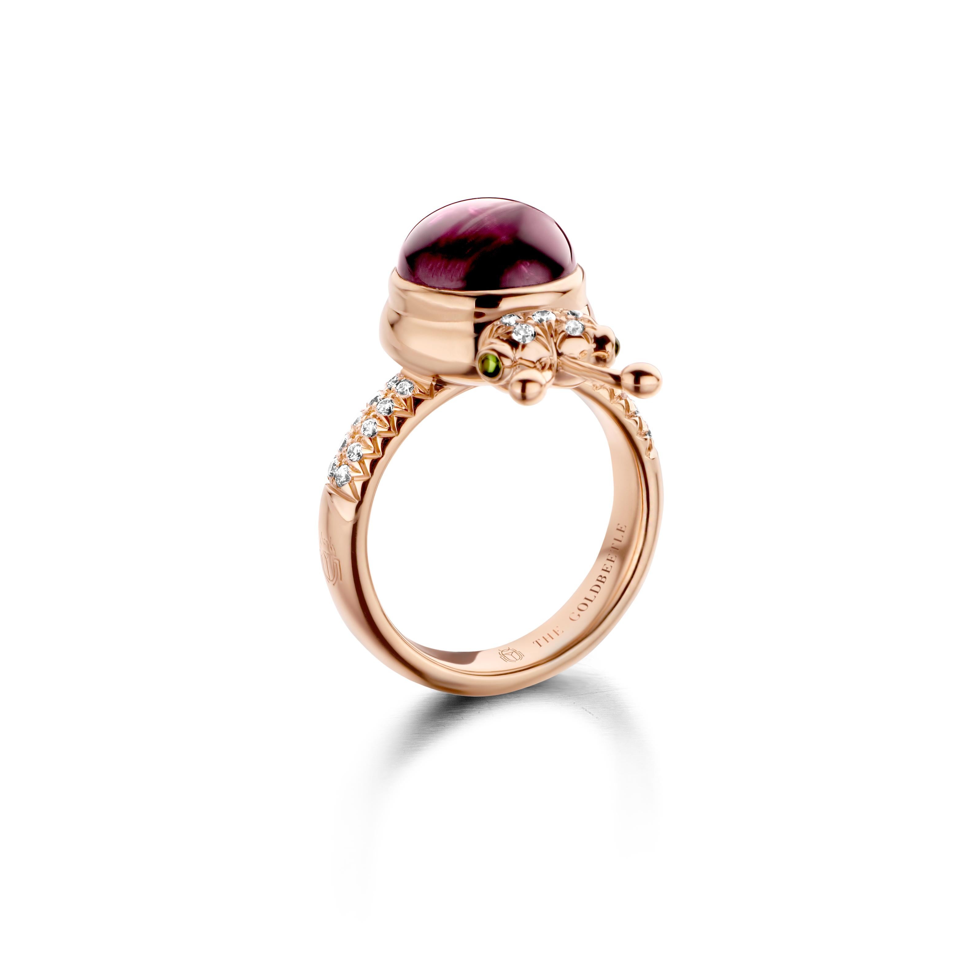 One of a kind lucky beetle ring in 18K rose gold 10g set with the finest diamonds in brilliant cut 0,23Ct (VVS/DEF quality) one natural, royal purple garnet in round cabouchon cut 6,20Ct and two tsavorites in round cabouchon cut. 




Celine