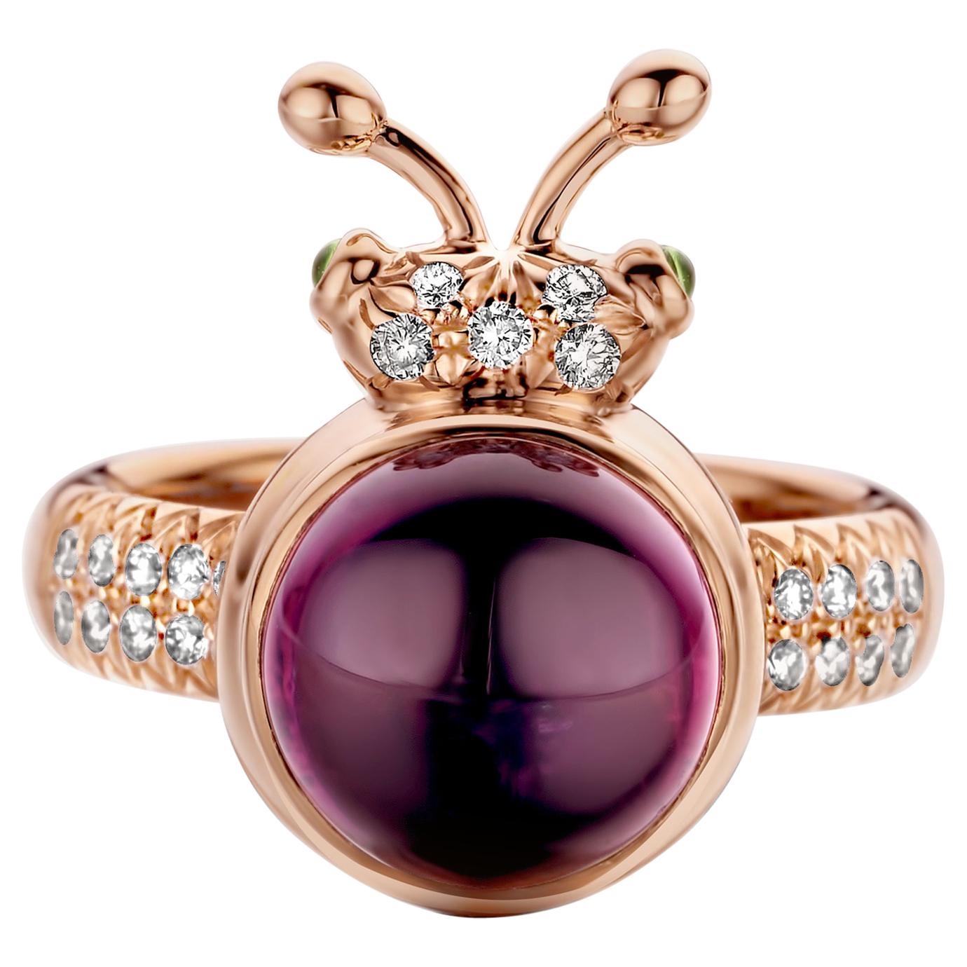 Bague moderne en or rose 18 carats avec grenat violet royal 6,20 carats et tsavorite et diamants