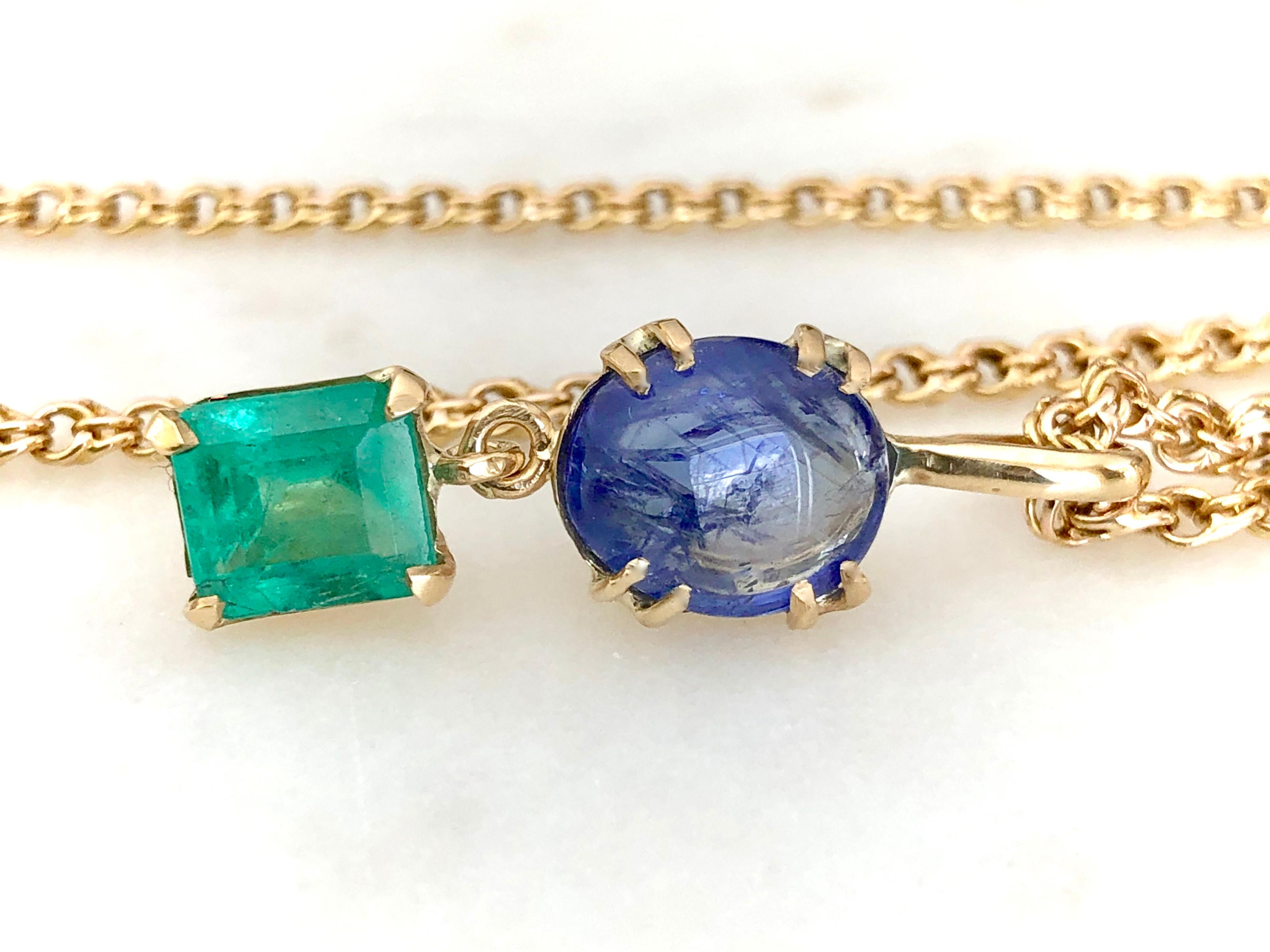 Emerald Cut 6.20 Carat Vintage Sapphire Emerald Drop Necklace 18 Karat For Sale