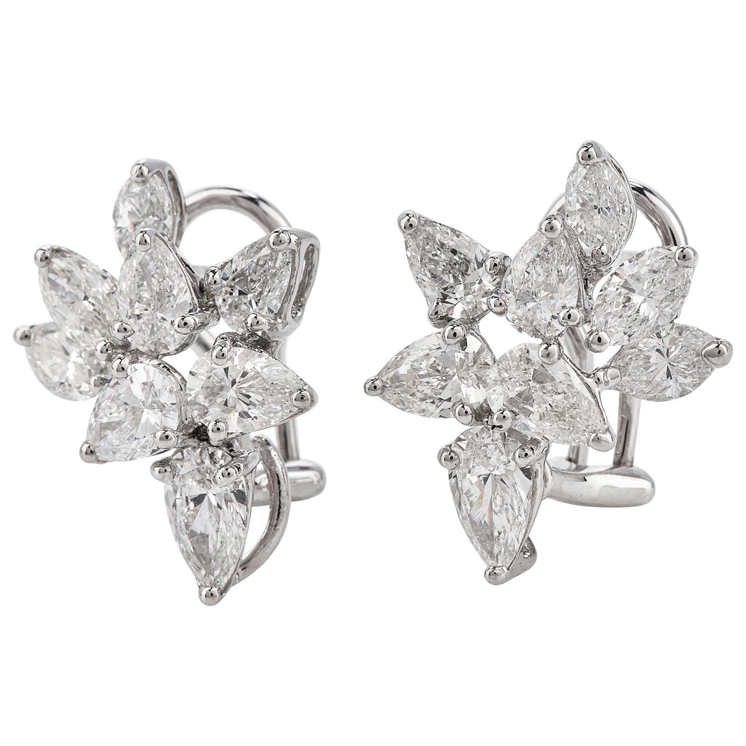 6.20 carats  Diamond Pear Marquise Cluster Platinum Clip on Earrings For Sale