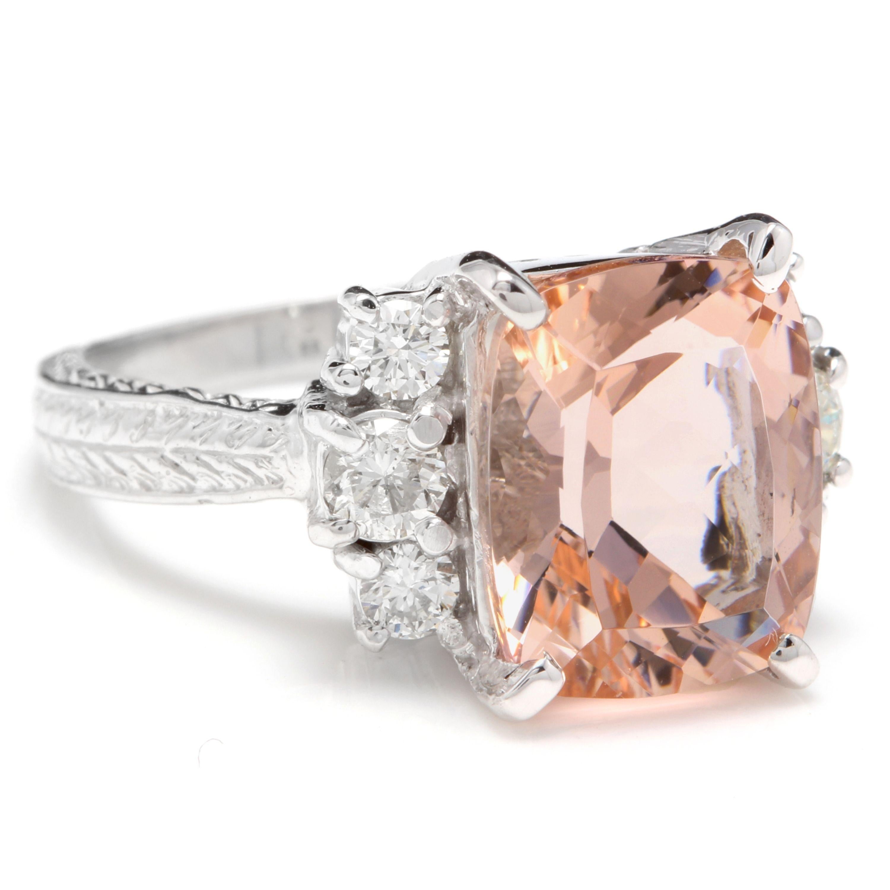6.20 Carats Exquisite Natural Morganite and Diamond 14K Solid White Gold Ring

Total Natural Cushion Morganite Weights: Approx. 5.50 Carats

Morganite Measures: Approx. 11.00 x 9.00mm

Natural Round Diamonds Weight: Approx. 0.70 Carats (color G-H /