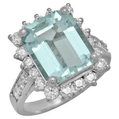 Anillo de oro blanco macizo de 14 quilates con aguamarina natural y diamantes de 6,20 quilates