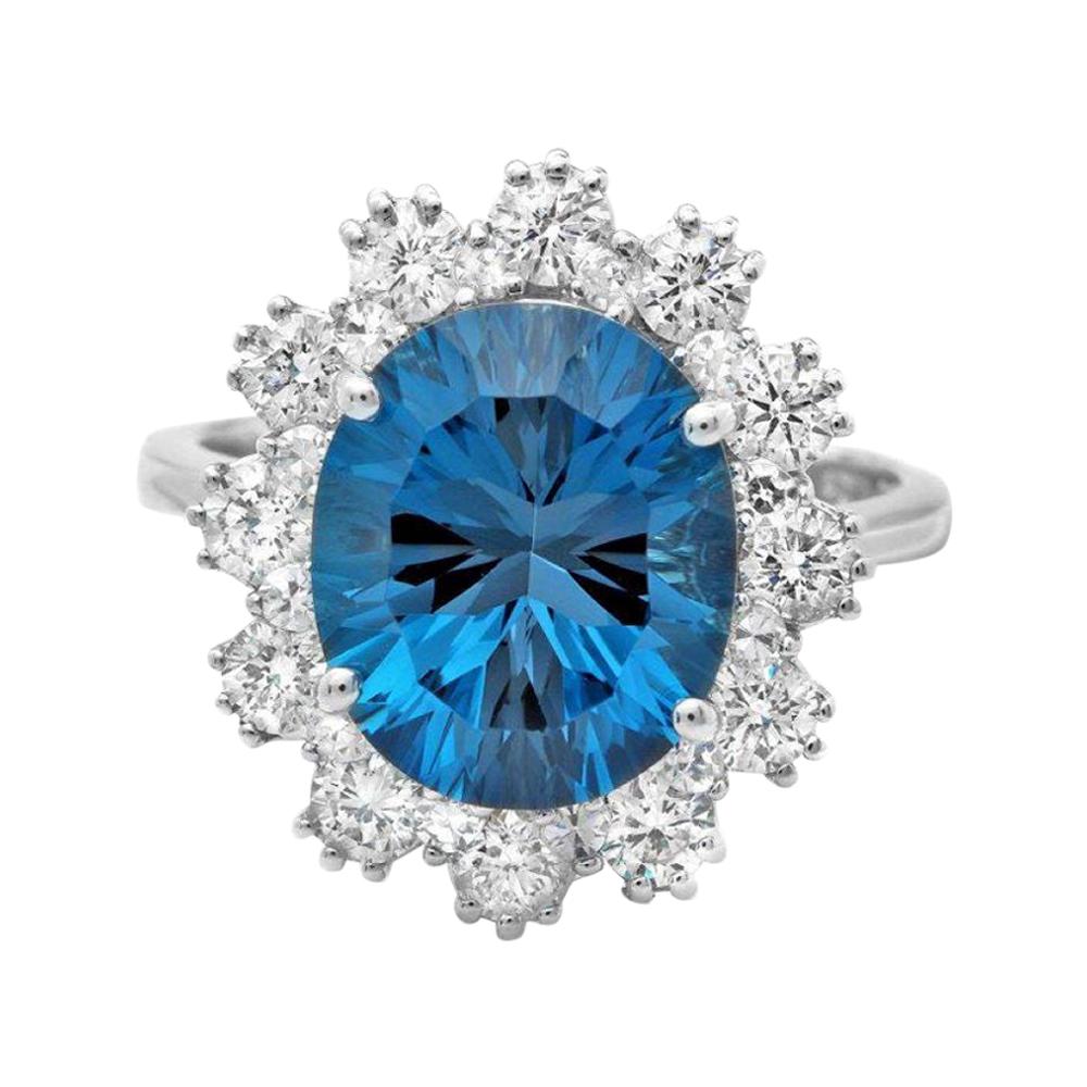 Bague en or blanc massif 14 carats avec topaze bleue naturelle de 6,20 carats et diamants