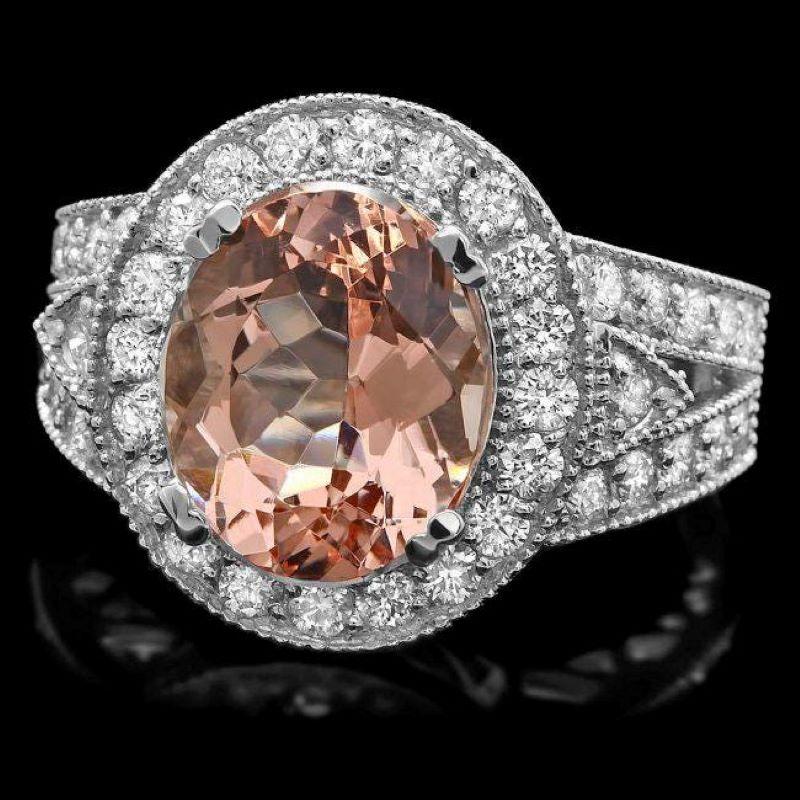 Mixed Cut 6.20 Carats Natural Morganite and Diamond 14K Solid White Gold Ring For Sale