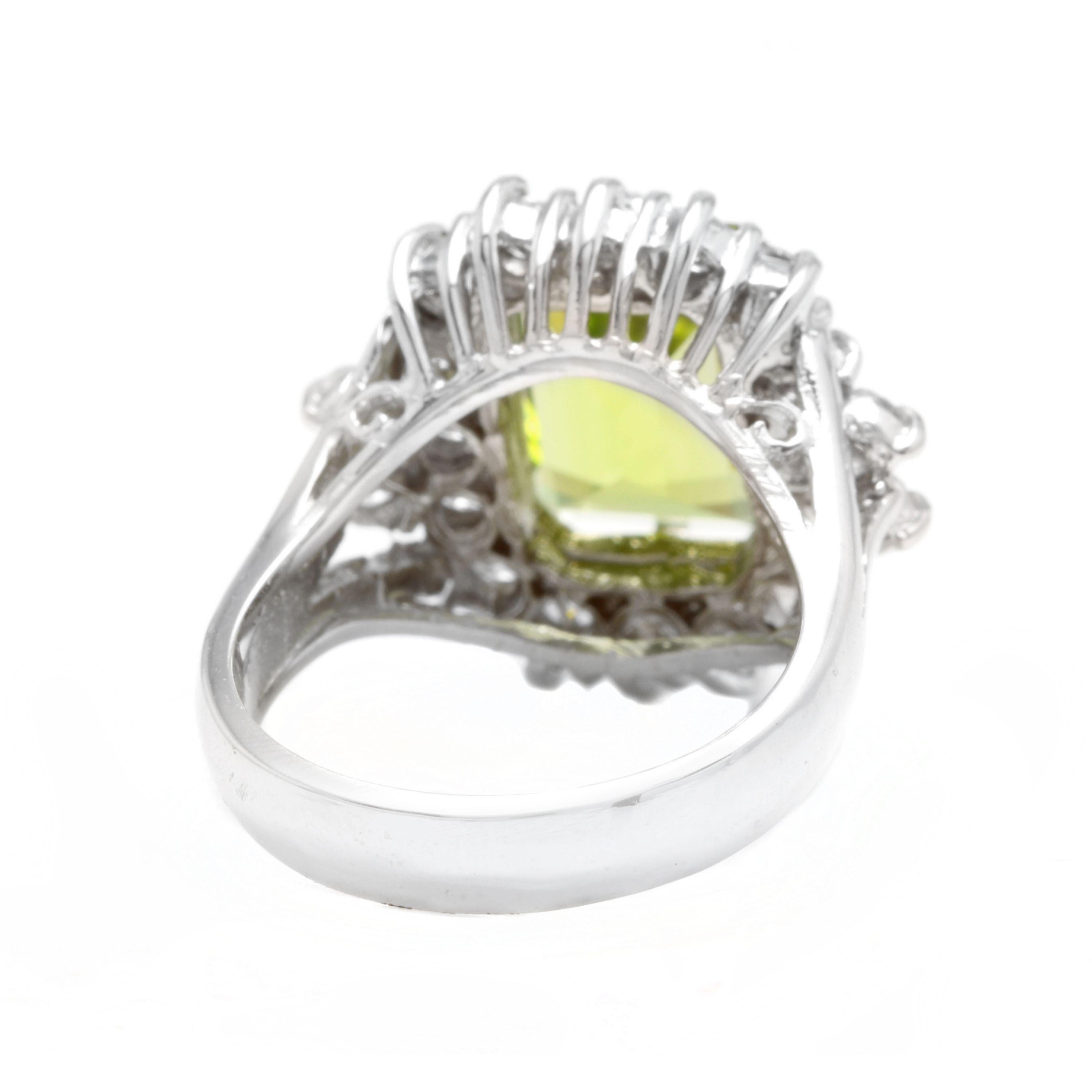 Mixed Cut 6.20 Carat Natural Peridot and Diamond 14 Karat Solid White Gold Ring For Sale
