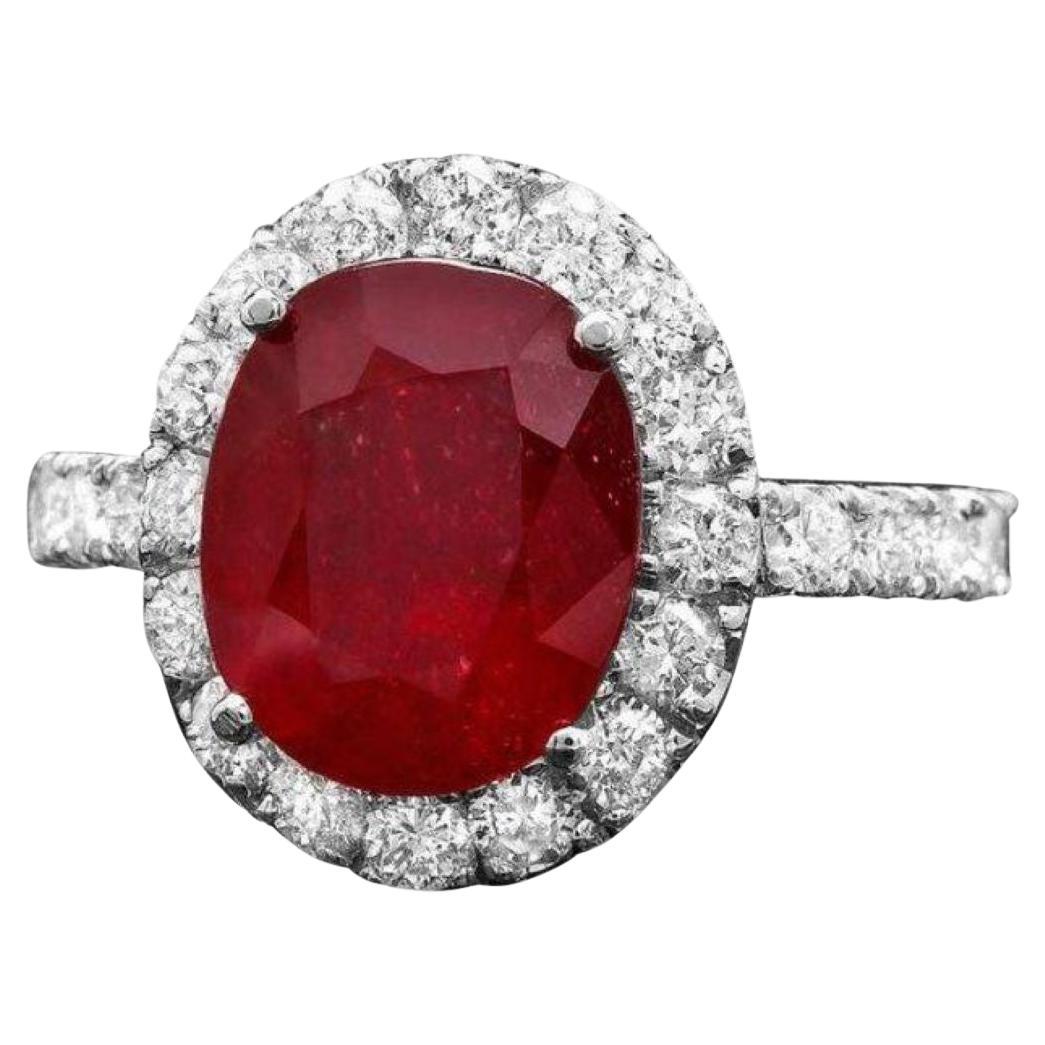 6.20 Carats Natural Red Ruby and Diamond 14K Solid White Gold Ring For Sale