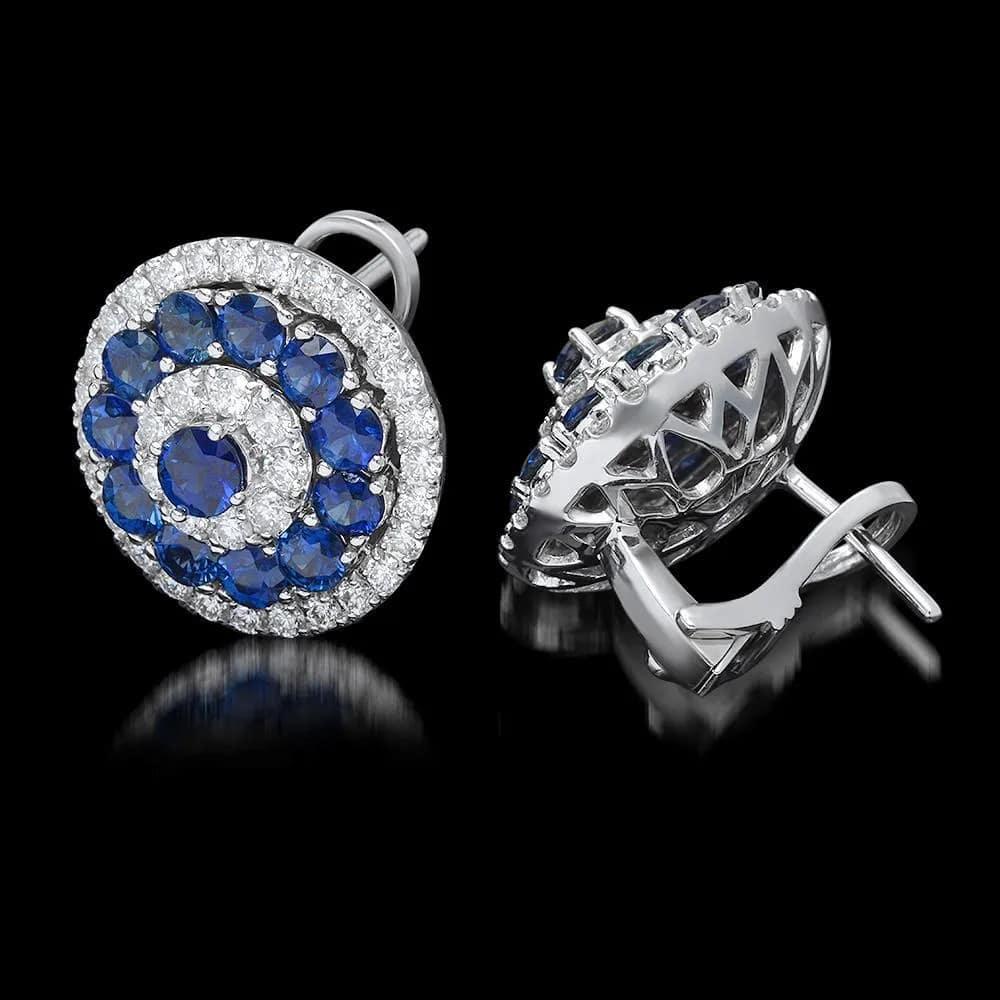 6.20 Carats Natural Sapphire and Diamond 14K Solid White Gold Earrings

Total Natural Round Sapphires Weight: Approx. 4.60 Carats

Sapphire treatment: Heat

Total Natural Diamonds Weight: Approx. 1.60 Carats (color G-H / Clarity SI1-SI2)

Sapphires