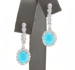 Orecchini con turchese naturale da 6,20 carati e diamanti in oro bianco massiccio 14 carati