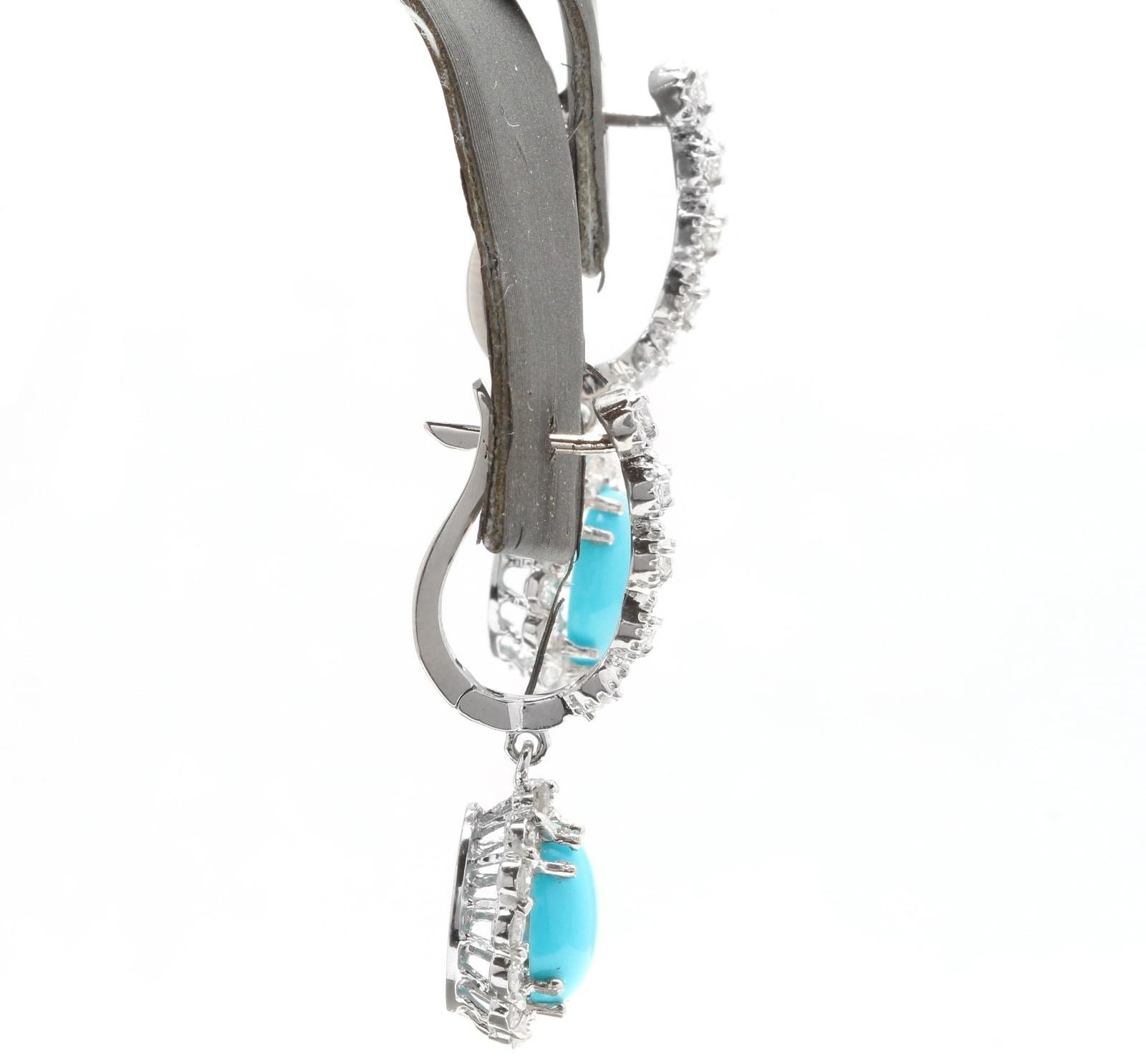 Mixed Cut 6.20 Carats Natural Turquoise and Diamond 14K Solid White Gold Earrings For Sale