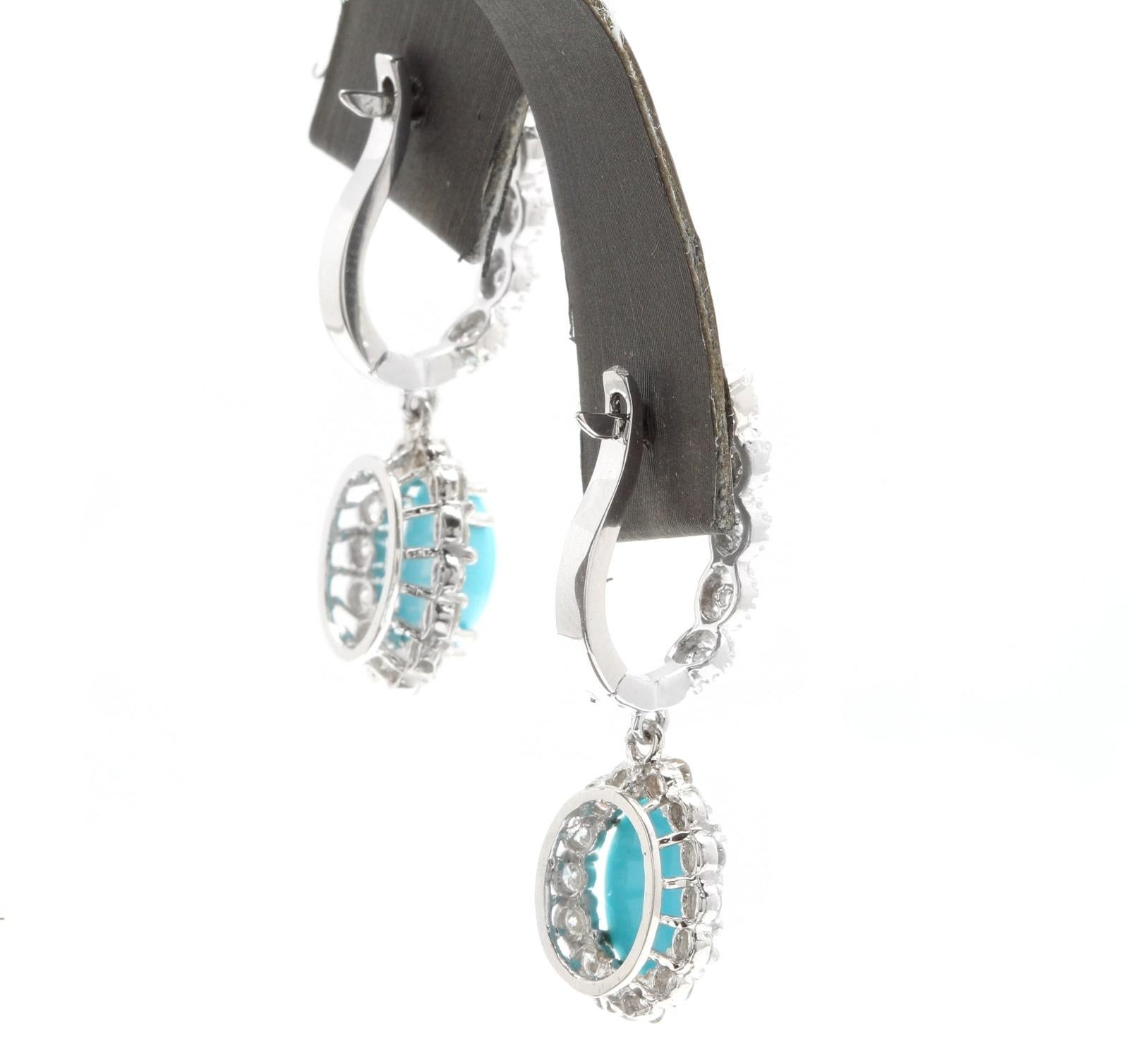 6.20 Carats Natural Turquoise and Diamond 14K Solid White Gold Earrings In New Condition For Sale In Los Angeles, CA