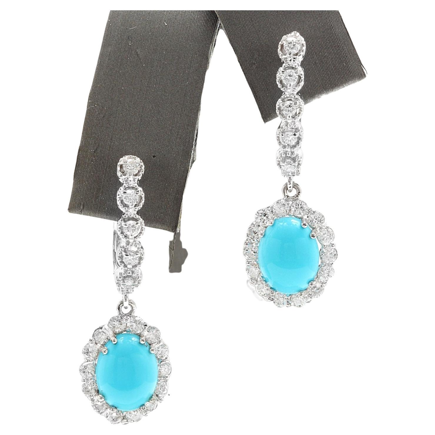 6.20 Carats Natural Turquoise and Diamond 14K Solid White Gold Earrings For Sale
