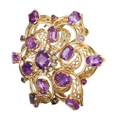 6.20 Carats Oval Amethyst Round Diamond Yellow Gold Cluster Brooch Pendant
