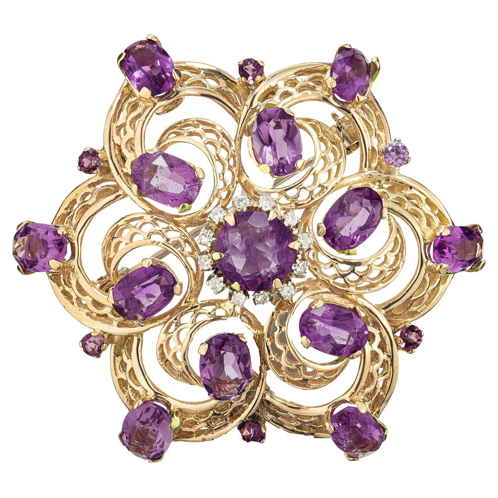 6,20 Karat Oval Amethyst Rund Diamant Gelbgold Cluster Brosche Anhänger