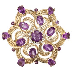 6.20 Carats Oval Amethyst Round Diamond Yellow Gold Cluster Brooch Pendant