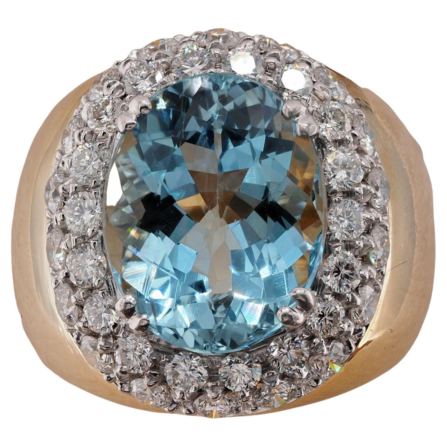6.20 Ct Aquamarine 1.60 Ct Diamond Retro Ring For Sale