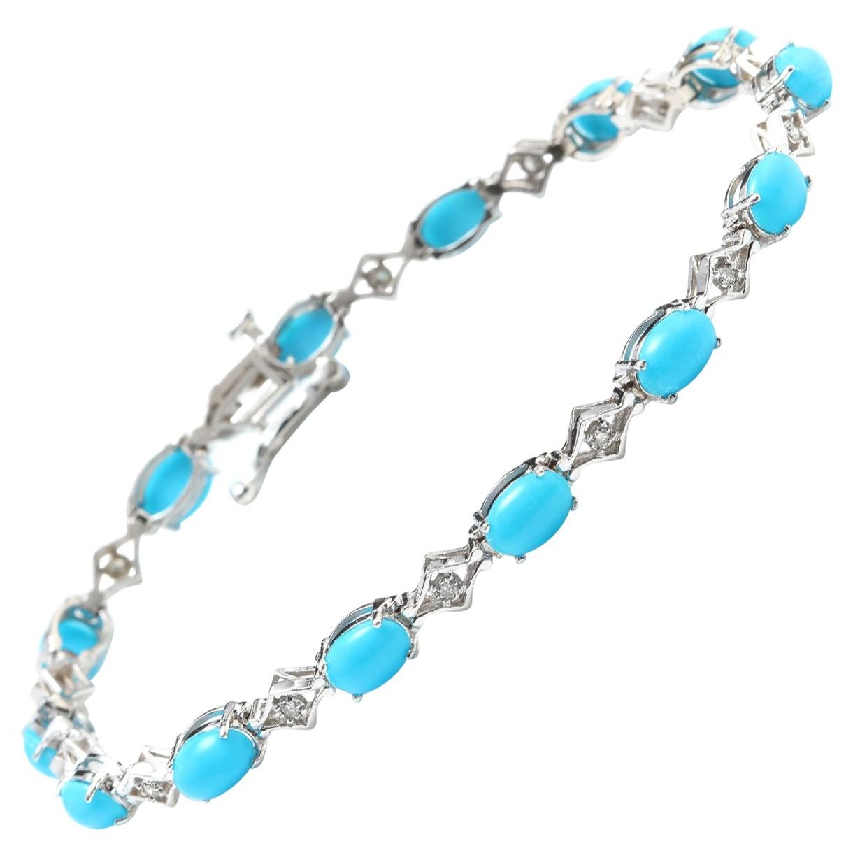 6.20 Natural Turquoise and Diamond 14 Karat Solid White Gold Bracelet For Sale