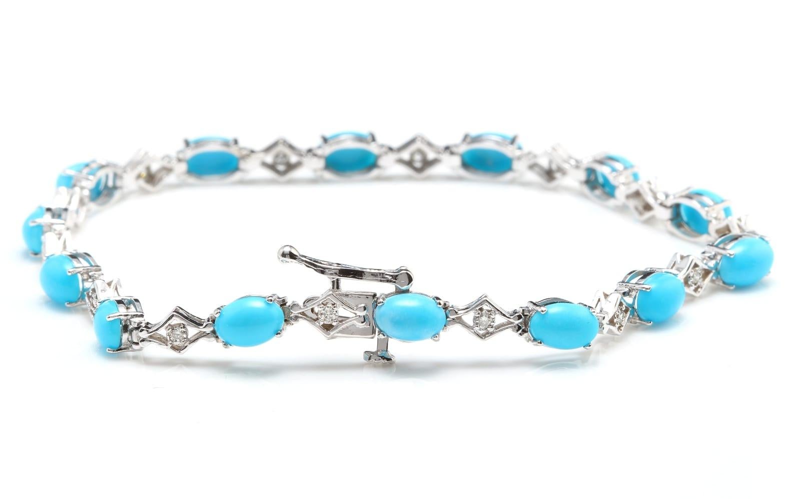 Very Impressive 6.20 Carats Natural Turquoise & Diamond 14K Solid White Gold Bracelet 

Suggested Replacement Value: $5,500.00

STAMPED: 14K

Total Natural Round Diamonds Weight: Approx. 0.20 Carats (color G-H / Clarity SI1-Si2)

Total Natural