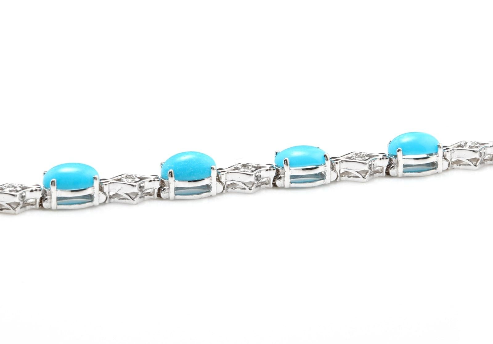 Mixed Cut 6.20 Natural Turquoise and Diamond 14 Karat Solid White Gold Bracelet For Sale