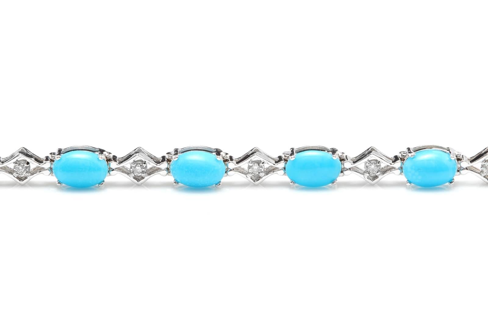 6.20 Natural Turquoise and Diamond 14 Karat Solid White Gold Bracelet In New Condition For Sale In Los Angeles, CA