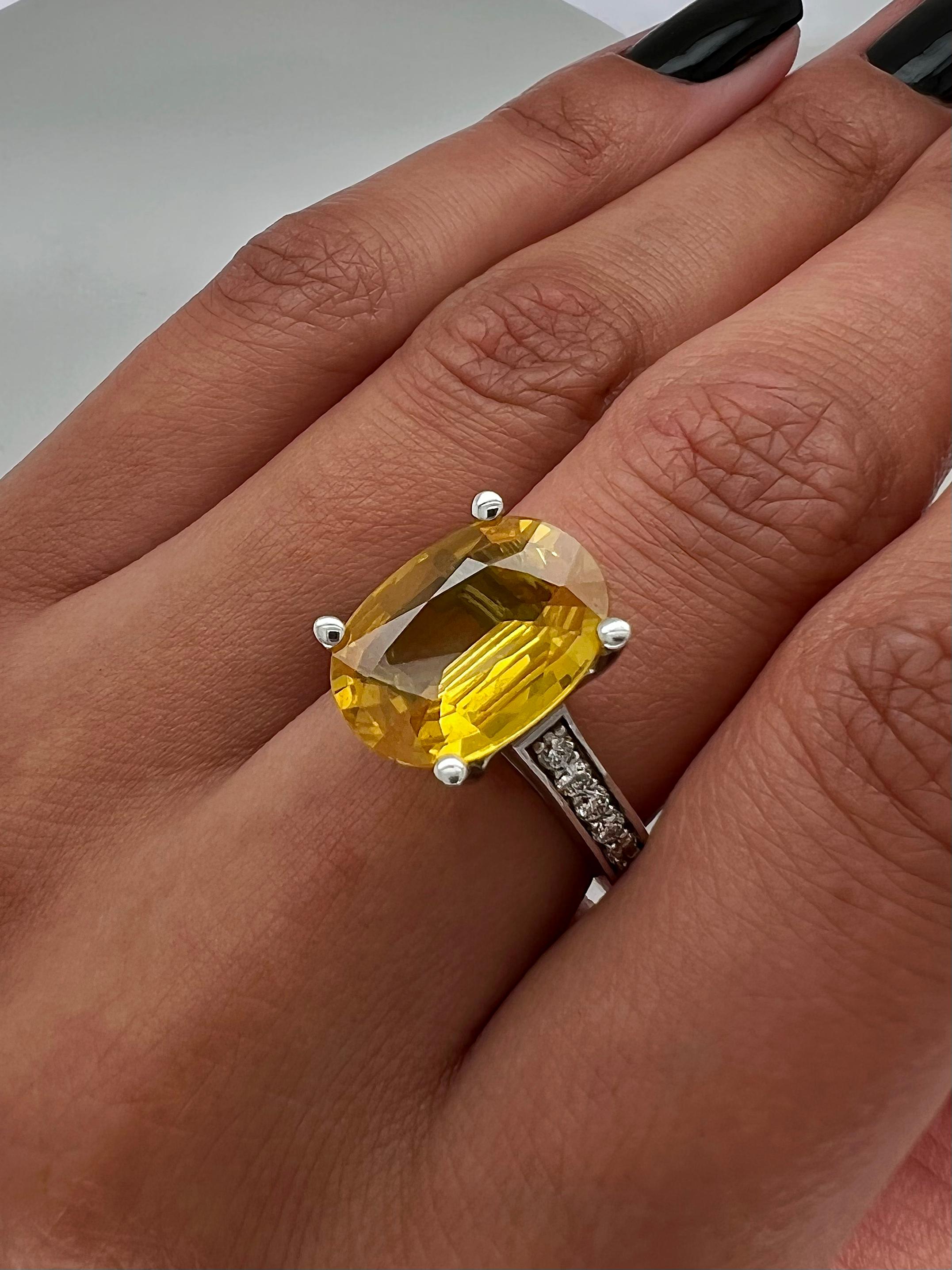 Oval Cut 6.20 Total Carat Rare Yellow Sapphire Ladies Diamond Ring For Sale