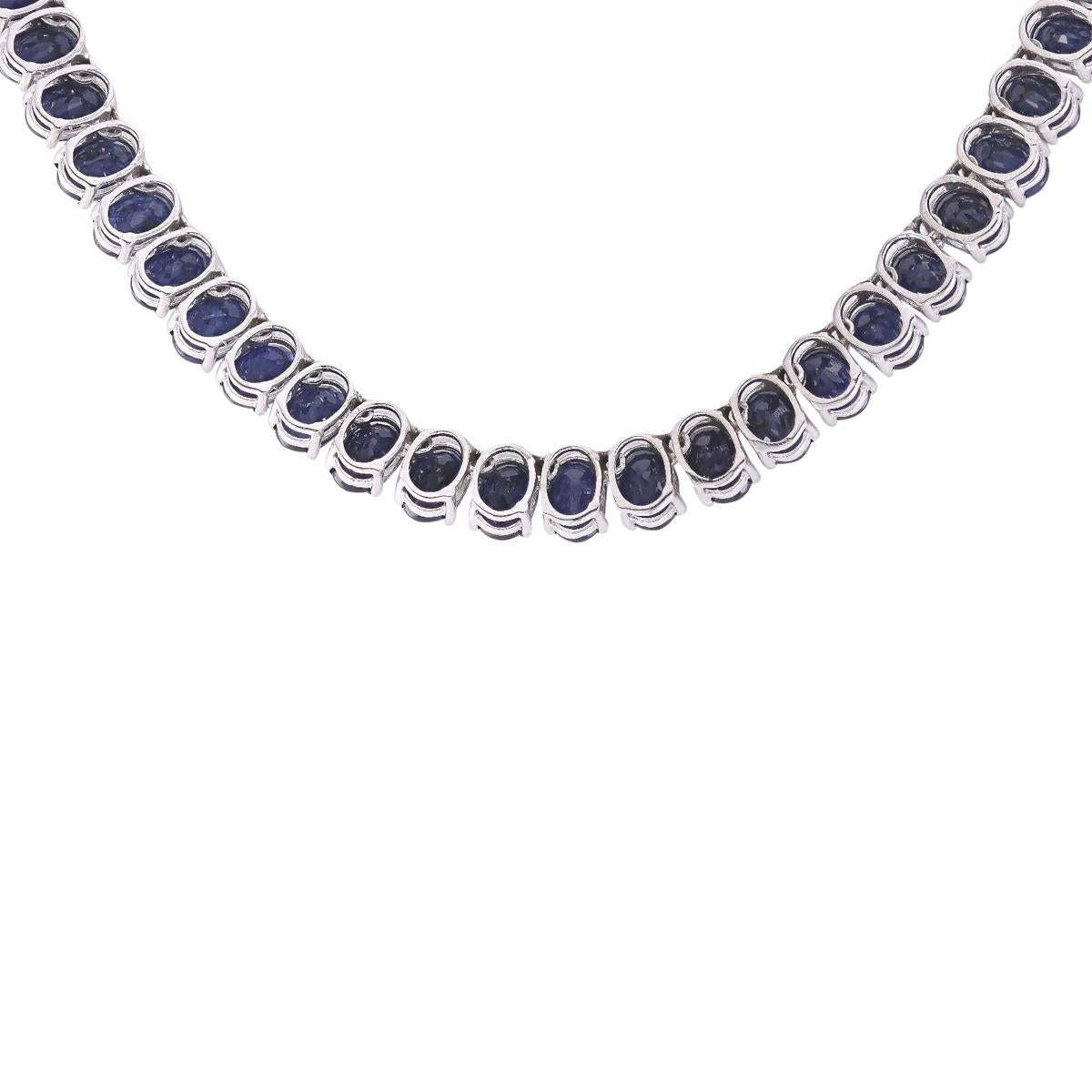 Oval Cut Natural Sapphire Necklace In 14 Karat White Gold  For Sale