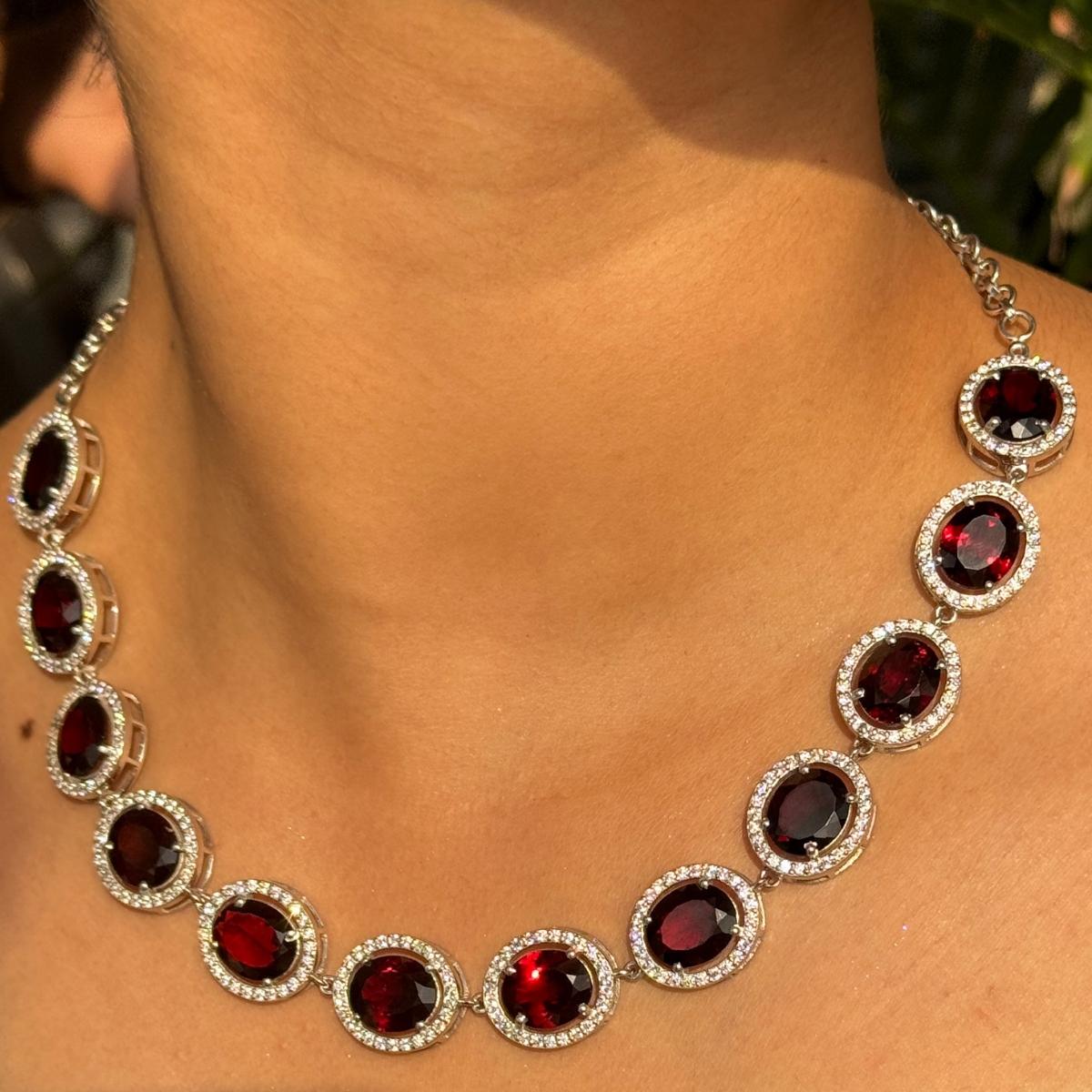 62.02 Carat Oval Cut Garnet with Halo CZ Sparkle Statement Silver Necklace For Sale 2