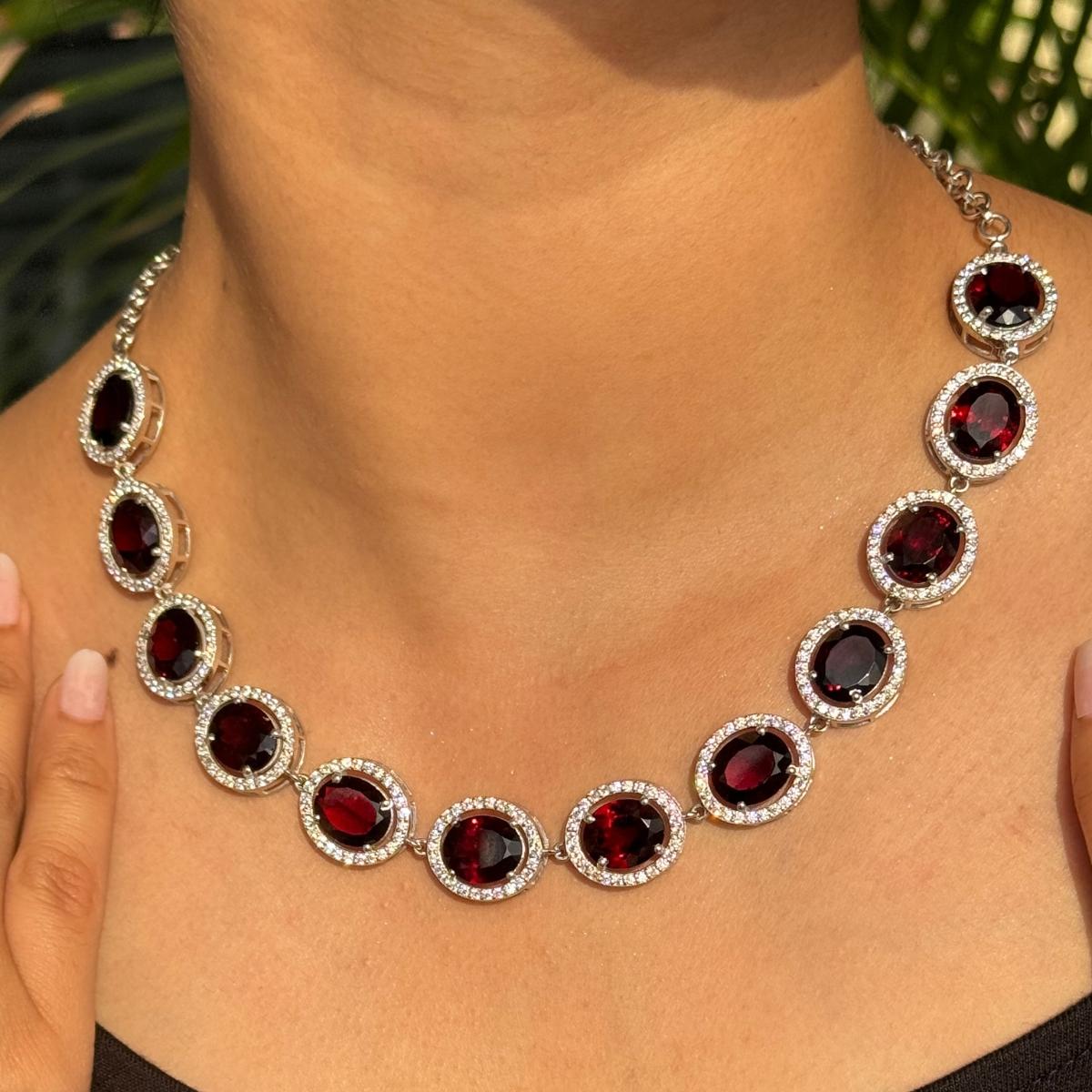 62.02 Carat Oval Cut Garnet with Halo CZ Sparkle Statement Silver Necklace For Sale 4