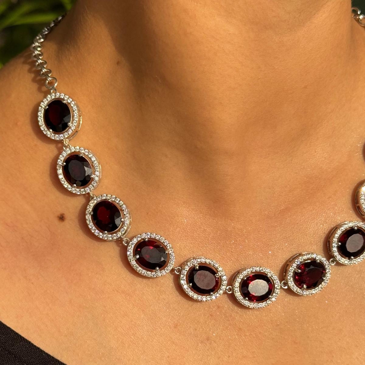 62.02 Carat Oval Cut Garnet with Halo CZ Sparkle Statement Silver Necklace In New Condition For Sale In New York, NY