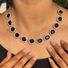 62.02 Carat Oval Cut Garnet with Halo CZ Sparkle Statement Silver Necklace