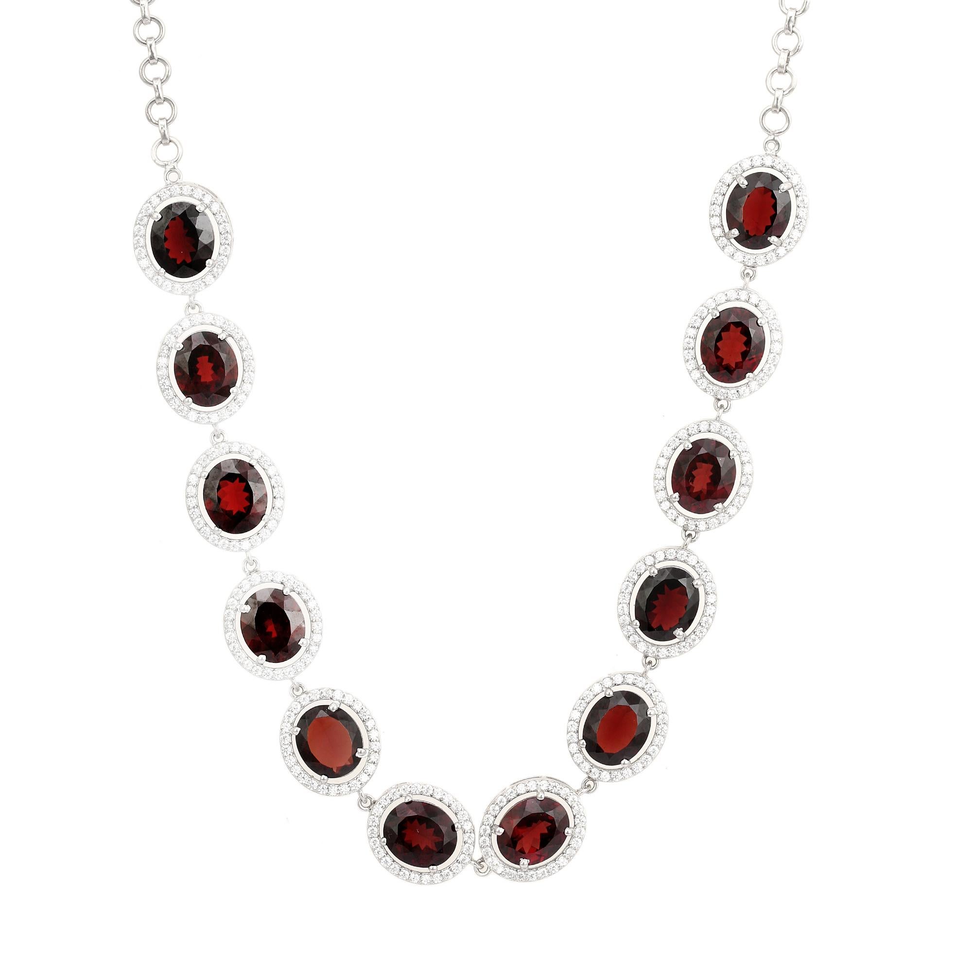 62.02 Carat Oval Cut Garnet with Halo CZ Sparkle Statement Silver Necklace Neuf - En vente à New York, NY