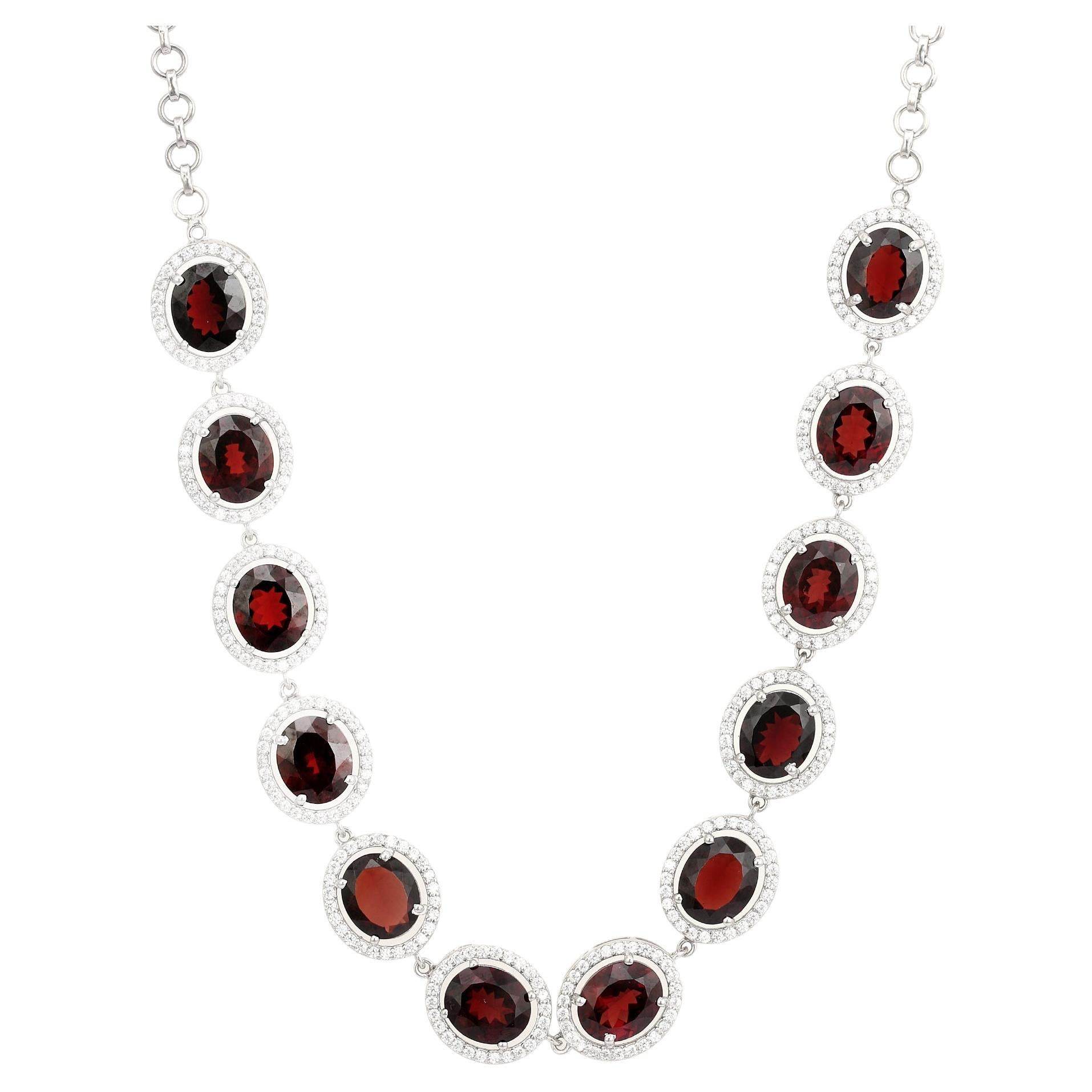 62.02 Carat Oval Cut Garnet with Halo CZ Sparkle Statement Silver Necklace en vente