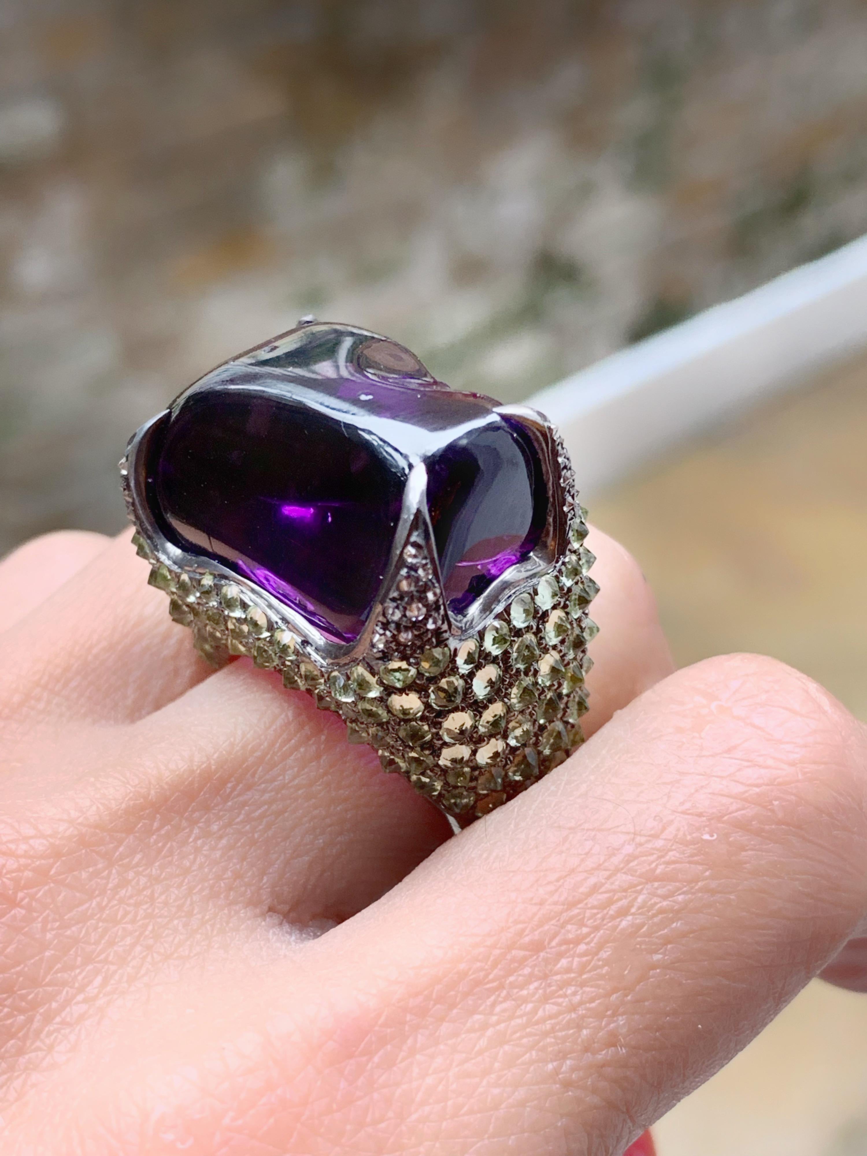 Manpriya B 62.09ct Amethyst Tumble, Peridot & Diamond Cocktail Ring  For Sale 2